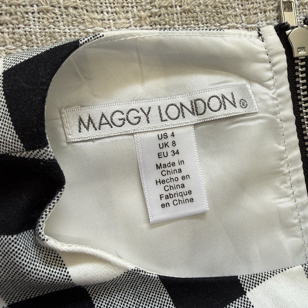 Maggy London Black White Gingham Fit Flare Dress Sleeveless Knee Sz 4 S Prairie - Picture 4 of 9